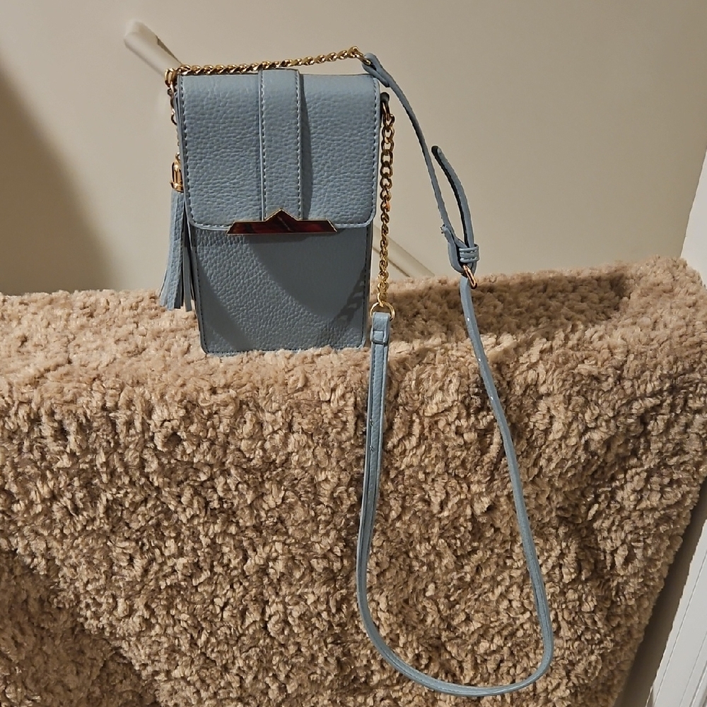 Light Blue Crossbody Phone Bag with Gold Chain